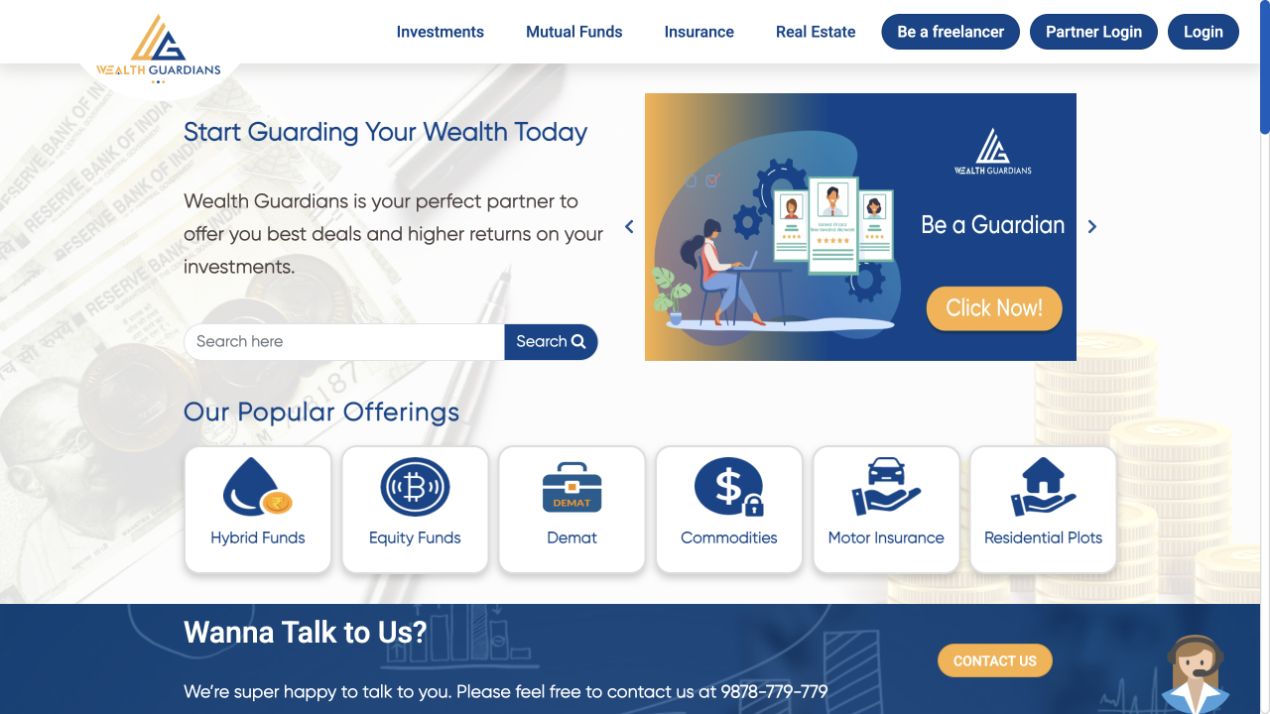 Wealth Guardian live website with financial-service categories and partner access